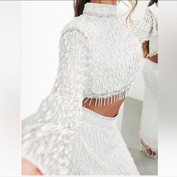 ASOS Edition Linear Fringe Pearl Embellished Crop Top With High Neck in White - Picture 12 of 13